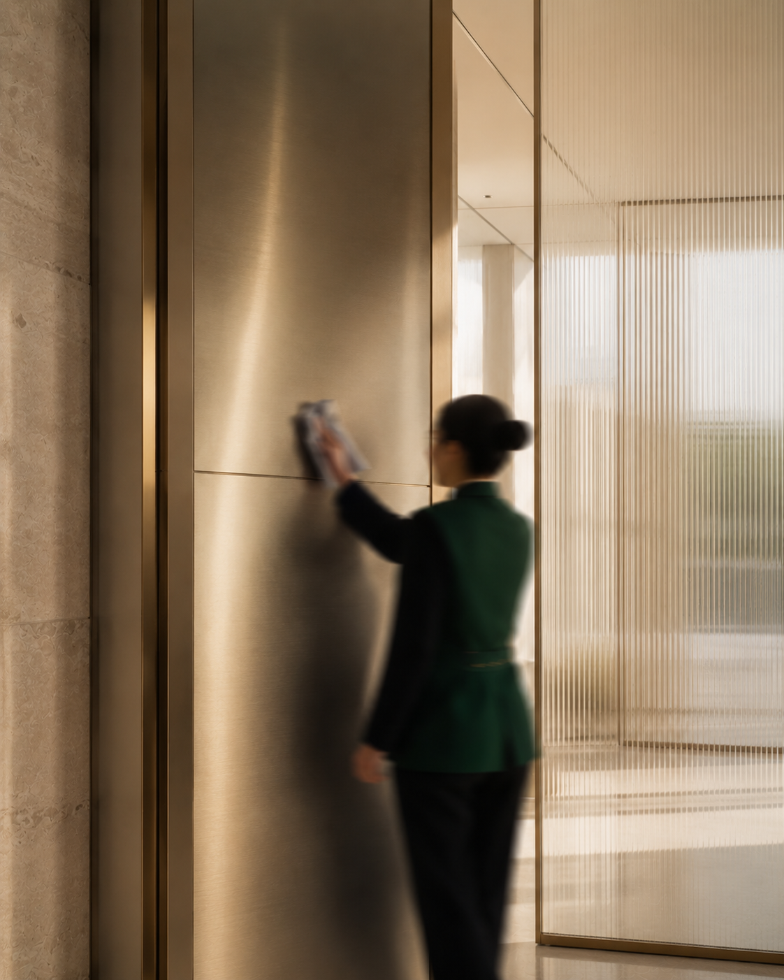 A cleaner polishing a brass column in a hotel lobby