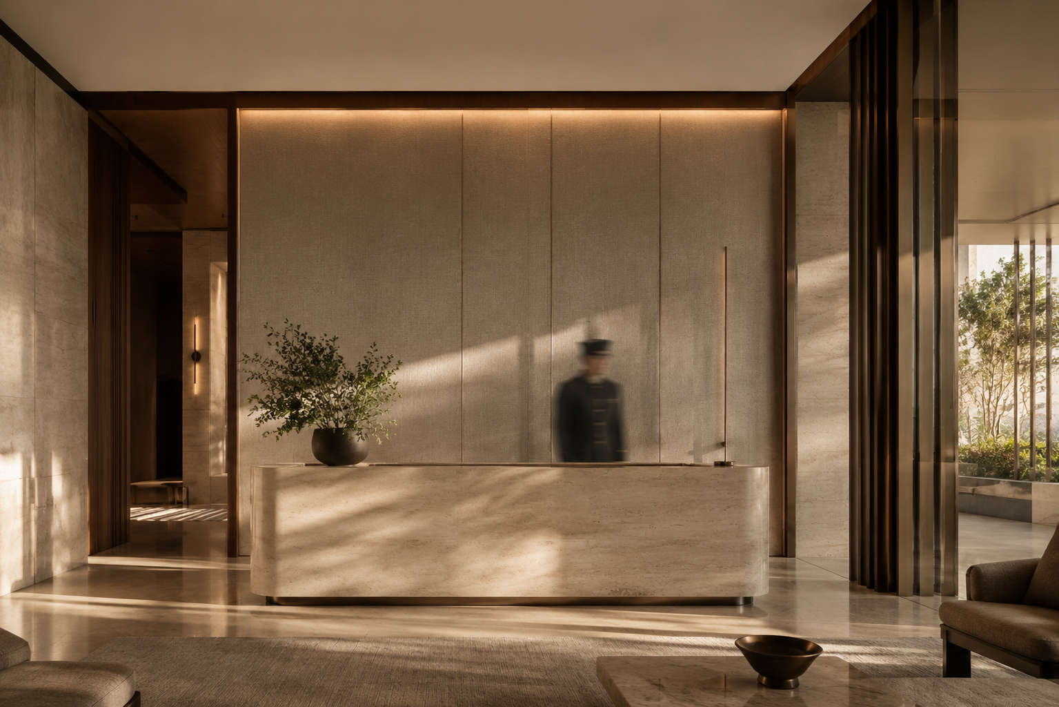 A concierge at the front desk of a premium residential building