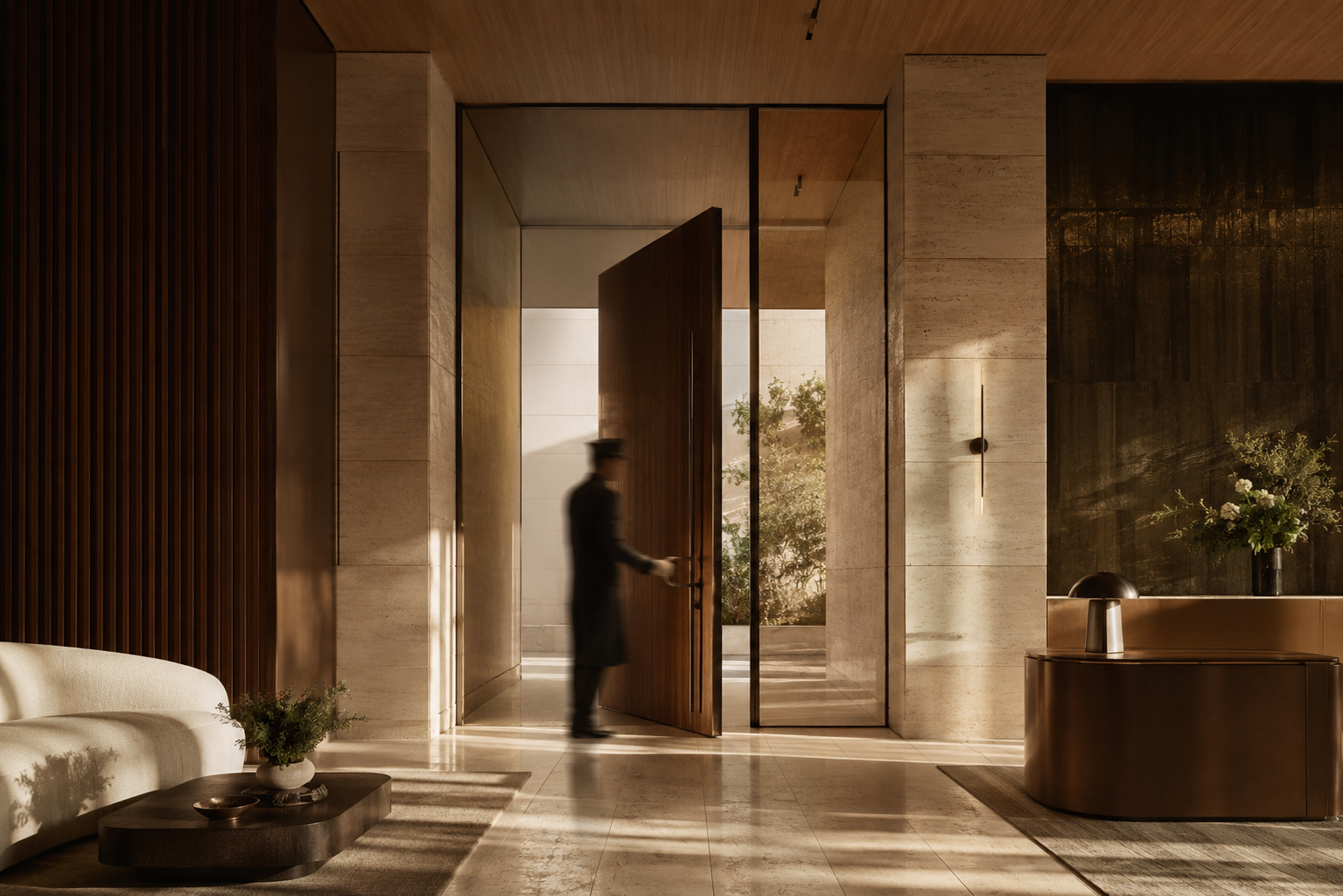A concierge greeting a visitor at the entrance of a premium residential building